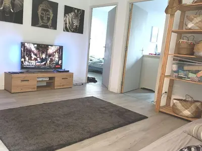 Télévision ou salle de divertissement dans l'établissement Loft avec jardin au bord de l'eau au rdc d'une ancienne école