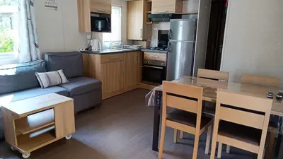 Cuisine ou kitchenette dans l'établissement Mobil home 3 ch domaine de kerlann pont aven wifi inclu