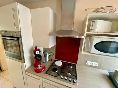Cuisine ou kitchenette dans l'établissement La petite Garzette - Appartement Jardin Centre Ville Concarneau