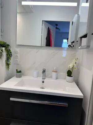 Salle de bains dans l'établissement T2 de Charme Rénové à Beg-Meil, À 250m de la Plage