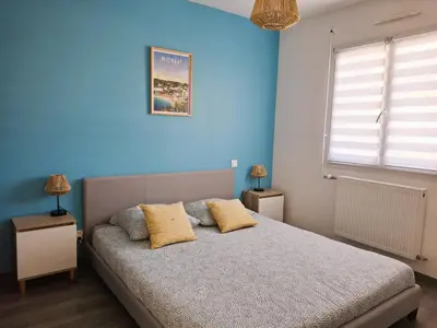 Un ou plusieurs lits dans un hébergement de l'établissement Maison moderne proche plage Morgat