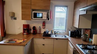 Cuisine ou kitchenette dans l'établissement Magnifique Mobil home 40 m2 Grand Confort