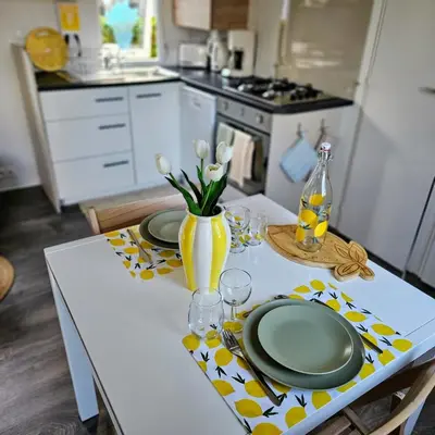 Cuisine ou kitchenette dans l'établissement Mobil-home 2 ch - 4-6 pers - Terrasse & WiFi - Domaine de Kerlann