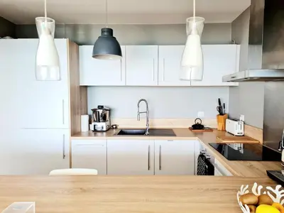 Cuisine ou kitchenette dans l'établissement Splendide appartement face à la mer, parking, wifi