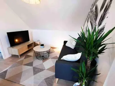 Télévision ou salle de divertissement dans l'établissement appartement deux chambres avec balcon et petite terrasse