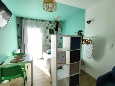 Télévision ou salle de divertissement dans l'établissement Beau studio soigné avec terrasse partagée