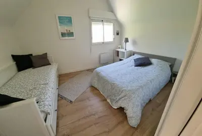 Un ou plusieurs lits dans un hébergement de l'établissement Maison indépendante avec vue sur mer en Baie de Morlaix et proche du GR34