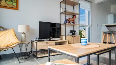 Télévision ou salle de divertissement dans l'établissement ESCALE MARINE - Appartement 2 pers vue mer proche centre-ville et Corniche