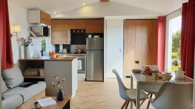 Cuisine ou kitchenette dans l'établissement Mobil-home 8 personnes camping PONT AVEN - WIFI GARANTIE-grande terrasse-lave linge