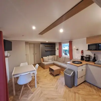 Télévision ou salle de divertissement dans l'établissement Mobil-home 8 personnes camping PONT AVEN - WIFI GARANTIE-grande terrasse-lave linge