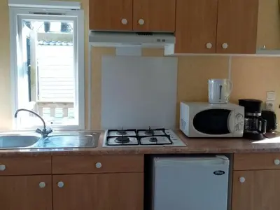 Cuisine ou kitchenette dans l'établissement Mobil-home confortable avec terrasse pour 4 personnes à Tréguennec - API-1-52-1029