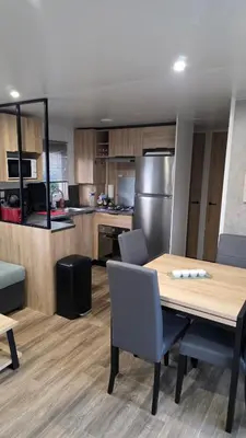 Cuisine ou kitchenette dans l'établissement Mobile home 4 a 6 personnes Domaine de Kerlann