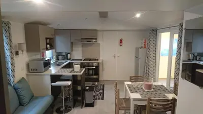 Cuisine ou kitchenette dans l'établissement Mobile Home dans Domaine de Kerlann