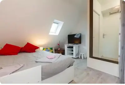 Un ou plusieurs lits dans un hébergement de l'établissement Envol du Phénix - Studio Phenix 20 m² avec jardin