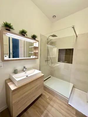 Salle de bains dans l'établissement La Palmeraie - Appartement classé 4 étoiles - Hyper centre ville