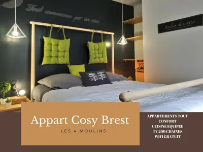 Un ou plusieurs lits dans un hébergement de l'établissement Appart Cosy Brest (Les 4 moulins)