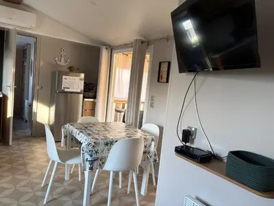 Télévision ou salle de divertissement dans l'établissement Mobil home Domaine de Kerlann