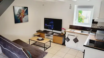Télévision ou salle de divertissement dans l'établissement KerElo Le Ptit St Roch, maisonnette cosy, mer 5km, Ploudalmezeau