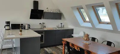 Cuisine ou kitchenette dans l'établissement Les terrasse du rody, vue mer .