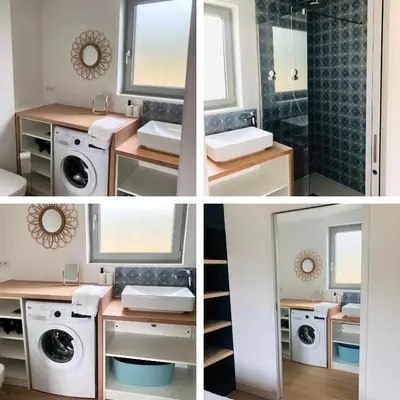 Cuisine ou kitchenette dans l'établissement La cabine du bout du monde avec Mezzanine , votre maison de vacances de haut standing