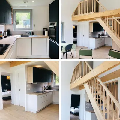 Cuisine ou kitchenette dans l'établissement La cabine du bout du monde avec Mezzanine , votre maison de vacances de haut standing