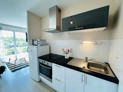 Cuisine ou kitchenette dans l'établissement Appartement vue mer, terrasse parking et plage