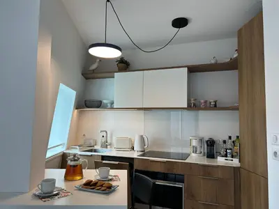 Cuisine ou kitchenette dans l'établissement Corniche - Petite Vue Mer - Terrasse - Parking Privé - Bénodet