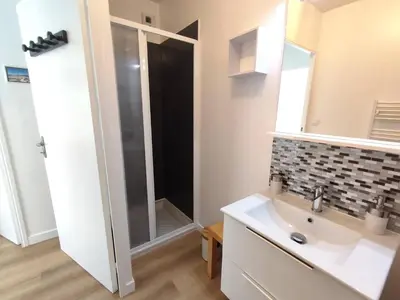 Salle de bains dans l'établissement Appartement avec WIFI, terrasse, jardin, parking privé à 800m de la plage à Trébeurden - FR-1-368-386